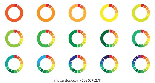 Ícones de cor do gráfico de pizza. Sinal de fatia de segmento. Gráfico de seção de círculo. 1,2,3,4,5 segmento infográfico. Símbolo de parte do diagrama redondo da roda. Três fases, seis ciclos circulares. Elemento geométrico.