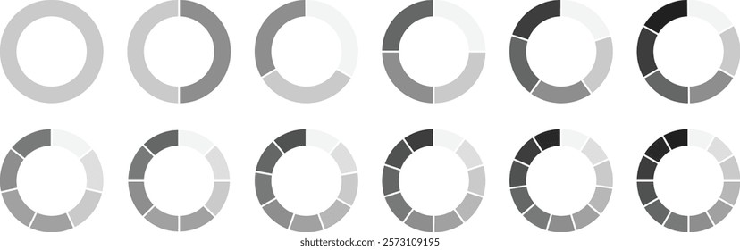 Pie chart color icons. Segment slice sign. Circle section graph. Pie chart set, Circle icons for infographic. 1,2,3,4,5 segment infographic. Wheel round diagram part symbol