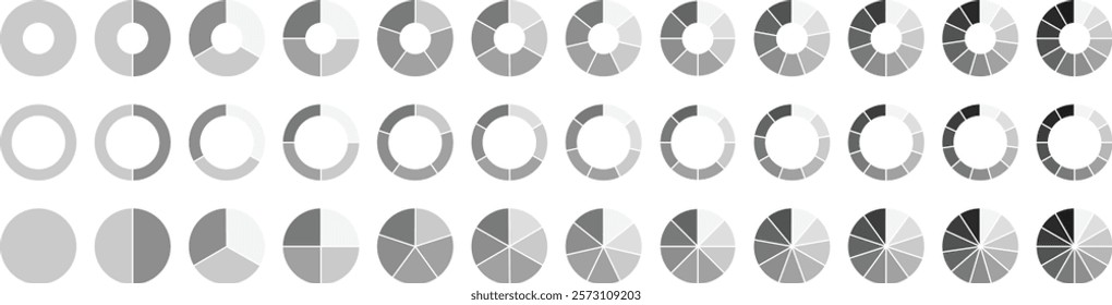 Pie chart color icons. Segment slice sign. Circle section graph. 1,2,3,4,5 segment infographic. Wheel round diagram part symbol. Pie chart set, Circle icons for infographic