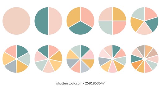 Pie chart color icons. Segment slice sign. Circle section graph.1,2,3,4,5,6,7,8,9,10,segment infographic. Wheel round diagram part. Geometric element. Vector illustration.