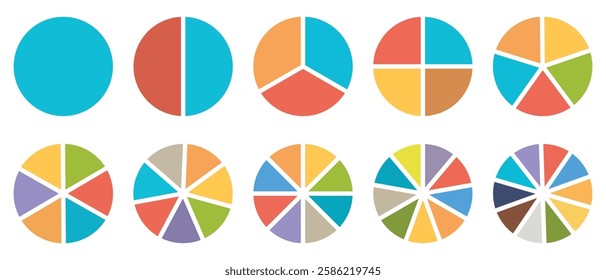 Pie chart color icons. Segment slice sign. Circle section graph. 1,2,3,4,5,6,7,8,9,10 segment infographic. Wheel round diagram part. Three phase, six circular cycle, Vector stock.