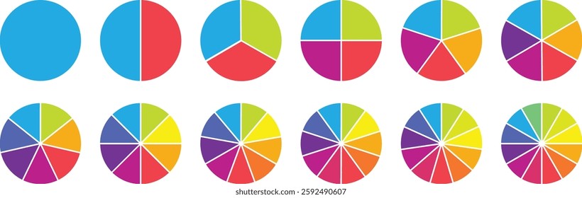 Pie chart color icons. Segment slice sign. Circle section graph. 1,2,3,4,5 segment infographic. Wheel division into fractions, sectors. Wheel round diagram part symbol. Vector illustration.