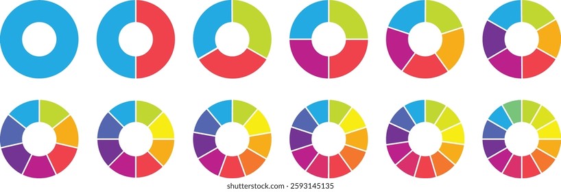 Pie chart color icons. Segment slice sign. Circle section graph. 1,2,3,4,5 segment infographic. Wheel round diagram part symbol. Vector illustration. Wheel division into fractions, sectors.