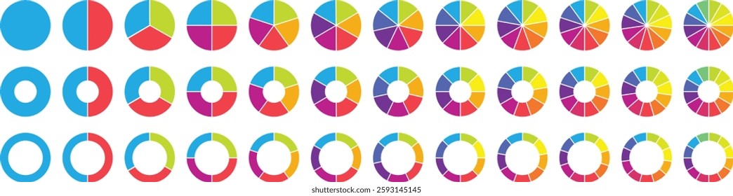 Pie chart color icons. Segment slice sign. Circle section graph. 1,2,3,4,5 segment infographic. Wheel round diagram part symbol. Vector illustration. Wheel division into fractions, sectors.