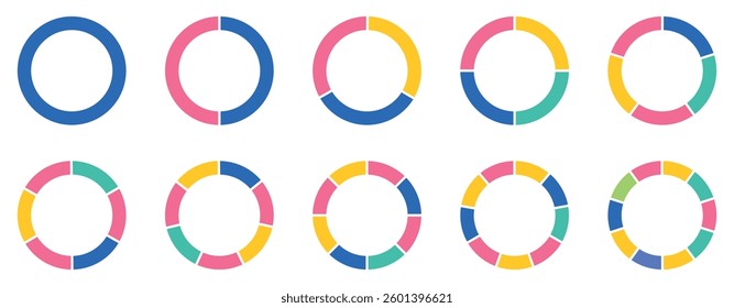 Pie chart color icons. Segment slice sign. Circle section graph. 1,20,9,8,16,9 segment infographic. Wheel round diagram part. Three phase, six circular cycle. Geometric element. 