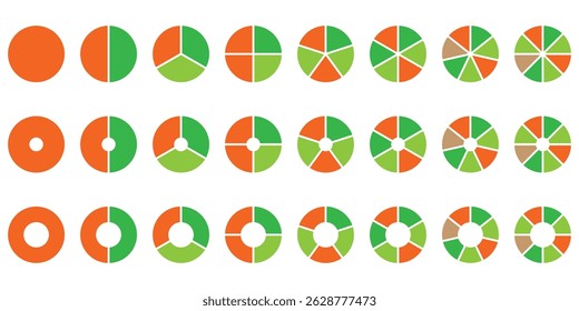Pie chart color icons. Segment slice sign. Circle section graph. 1,2,3,4,5 segment infographic. Wheel round diagram part symbol. Three phase, six circular cycle. Geometric element. Vector illustration