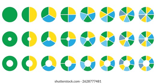 Ícones de cor do gráfico de pizza. Sinal de fatia de segmento. Gráfico de seção de círculo. 1,2,3,4,5 segmento infográfico. Símbolo de parte do diagrama redondo da roda. Três fases, seis ciclos circulares. Elemento geométrico. Ilustração vetorial