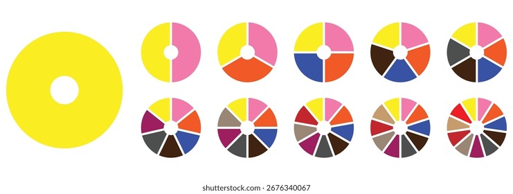 Iconos de color de gráfico circular. Signo de segmento de sector. Gráfico de sección circular. Conjunto de gráfico circular. Colección de diagrama colorido. Diseño de infografía de moda con diagrama de círculo colorido. Conjunto de ciclo redondo de pizza o flor. 