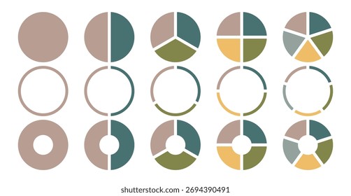  Iconos de color de gráfico circular. Signo de segmento de sector. Gráfico de sección circular. 1,2,3,4,5 infografía de segmento. Iconos del círculo para la infografía, UI, Diseño web, presentación del negocio. Ilustración vectorial.