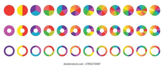 Pie chart color icons. Segment slice sign. Circle section graph. 1,2,3,4,5,6,7,8 segment infographic. UI, web design, business presentation. Vector illustration.Set of 1% to 100% circular progress indicators in blue. Percentage loading icons.