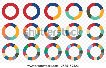 Pie chart color icons. Segment slice sign. Circle section graph. 1,2,3,4,5 segment infographic. Wheel round diagram part symbol. Three phase, six circular cycle. Geometric element. Vector illustration