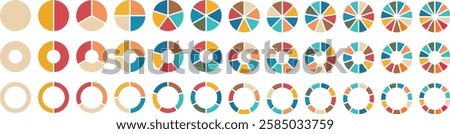 Pie chart color icons. Segment slice sign. Circle section graph. 1,2,3,4,5,6,7,8,9,10,11,12 segment infographic. Different color circles isolated. Infographic element round shape. Vector illustration