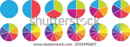 Pie chart color icons. Segment slice sign. Circle section graph. 1,2,3,4,5 segment infographic. Wheel division into fractions, sectors. Wheel round diagram part symbol. Vector illustration.