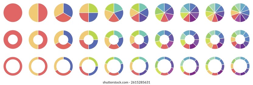 Pie chart color icons. Pie chart sign. Circle section graph. Wheel round diagram parts, pie charts infographic, pie chart bar graphs. Charts diagram segment infographic. Vector-eps 10