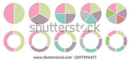 Pie chart color icons. Wheel round segment infographic part. Circle section graph. Geometric element. Vector illustration. 
