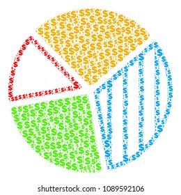 Pie chart composition of dollar symbols and round spots. Vector dollar currency pictograms are combined into pie chart illustration.