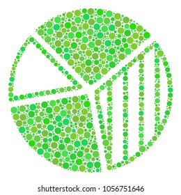 Pie Chart composition of filled circles in variable sizes and eco green color tinges. Vector filled circles are united into pie chart collage. Eco design concept.