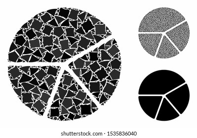 Pie chart composition of joggly parts in variable sizes and color tones, based on pie chart icon. Vector tuberous parts are grouped into collage. Pie chart icons collage with dotted pattern.