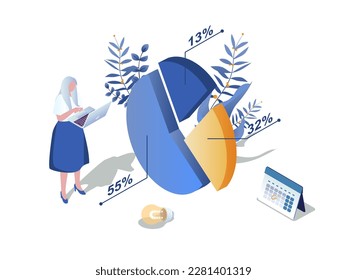 Pie chart concept 3d isometric web scene. People working with data diagram with sectors and percentages, making statistical analysis graphs for report. Vector illustration in isometry graphic design
