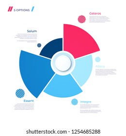 Pie chart concept with 5 parts. Vector template for web, presentations, reports, visualizations.