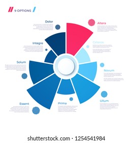 Pie chart concept with 9 parts. Vector template for web, presentations, reports, visualizations.
