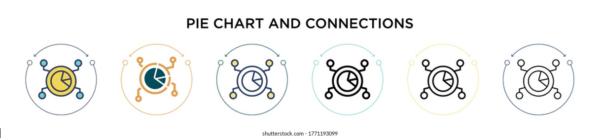 Pie chart and connections icon in filled, thin line, outline and stroke style. Vector illustration of two colored and black pie chart and connections vector icons designs can be used for mobile, ui, 