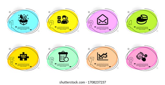 Pie chart, Customer satisfaction and Recovery trash signs. Timeline infographic. Quick tips, Financial diagram and Mail line icons set. Creativity, Opinion symbols. Vector