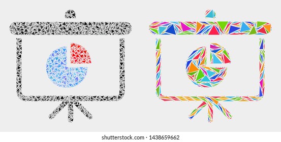 Pie chart demonstration board collage icon of triangle elements which have various sizes and shapes and colors. Geometric abstract vector design concept of pie chart demonstration board.