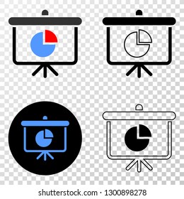 Pie chart demonstration board EPS vector pictograph with contour, black and colored versions. Illustration style is flat iconic symbol on chess transparent background.