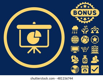 Pie Chart Demonstration icon with bonus. Vector illustration style is flat iconic symbols, yellow color, blue background.