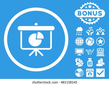 Pie Chart Demonstration icon with bonus. Vector illustration style is flat iconic symbols, white color, blue background.