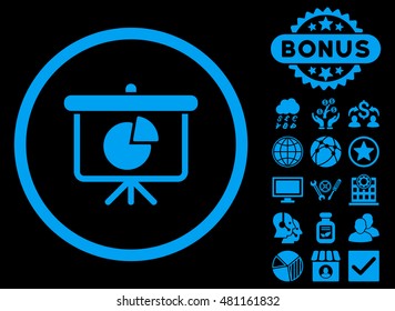 Pie Chart Demonstration icon with bonus. Vector illustration style is flat iconic symbols, blue color, black background.