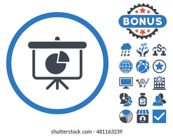 Pie Chart Demonstration icon with bonus. Vector illustration style is flat iconic bicolor symbols, smooth blue colors, white background.