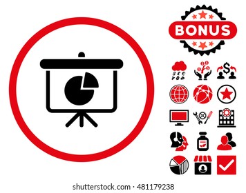 Pie Chart Demonstration icon with bonus. Vector illustration style is flat iconic bicolor symbols, intensive red and black colors, white background.