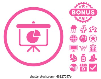 Pie Chart Demonstration icon with bonus. Vector illustration style is flat iconic symbols, pink color, white background.