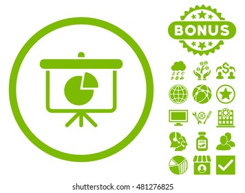 Pie Chart Demonstration icon with bonus. Vector illustration style is flat iconic symbols, eco green color, white background.