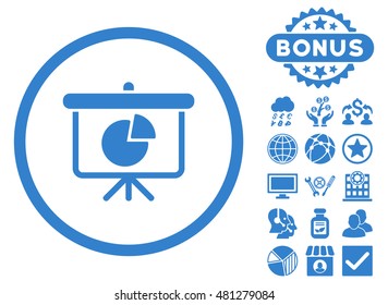 Pie Chart Demonstration icon with bonus. Vector illustration style is flat iconic symbols, cobalt color, white background.