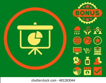 Pie Chart Demonstration icon with bonus. Vector illustration style is flat iconic bicolor symbols, orange and yellow colors, green background.