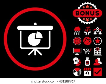 Pie Chart Demonstration icon with bonus. Vector illustration style is flat iconic bicolor symbols, red and white colors, black background.