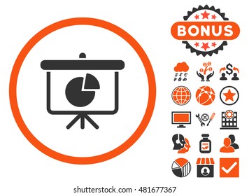 Pie Chart Demonstration icon with bonus. Vector illustration style is flat iconic bicolor symbols, orange and gray colors, white background.