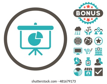 Pie Chart Demonstration icon with bonus. Vector illustration style is flat iconic bicolor symbols, grey and cyan colors, white background.