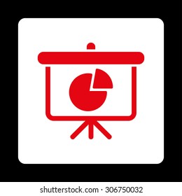 Pie Chart Demonstration vector icon. This flat rounded square button uses red and white colors and isolated on a black background.