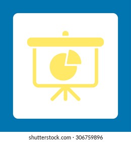 Pie Chart Demonstration vector icon. This flat rounded square button uses yellow and white colors and isolated on a blue background.