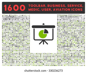 Pie Chart Demonstration vector icon and 1600 other business, service tools, medical care, software toolbar, web interface pictograms. Style is bicolor flat symbols, eco green and gray colors, rounded