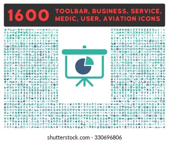 Pie Chart Demonstration vector icon and 1600 other business, service tools, medical care, software toolbar, web interface pictograms. Style is bicolor flat symbols, cobalt and cyan colors, rounded