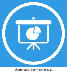 Pie Chart Demonstration vector icon. Style is flat circled symbol, white color, rounded angles, blue background.
