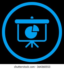 Pie Chart Demonstration vector icon. Style is flat circled symbol, blue color, rounded angles, black background.