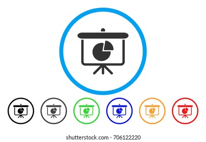 Pie Chart Demonstration vector rounded icon. Image style is a flat gray icon symbol inside a blue circle. Additional color versions are grey, black, blue, green, red, orange.