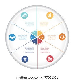 Pie chart diagram data 6 options for text area. Template infographic with icons and numbered