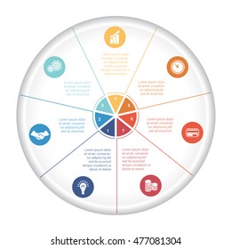 Pie chart diagram data 7 options for text area. Template infographic with icons and numbered 